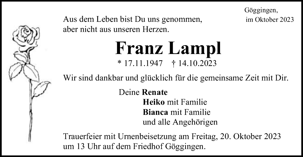  Traueranzeige für Franz Lampl vom 18.10.2023 aus Gmünder Tagespost