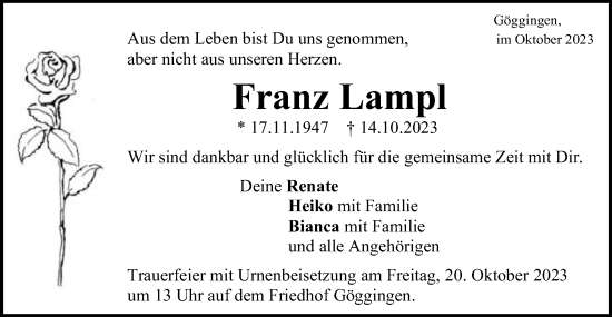 Traueranzeige von Franz Lampl von Gmünder Tagespost