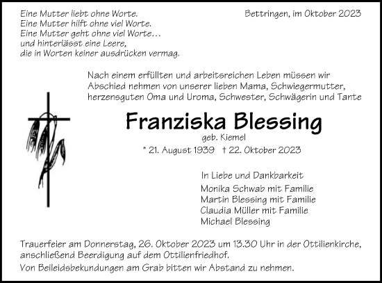 Traueranzeige von Franziska Blessing von Gmünder Tagespost