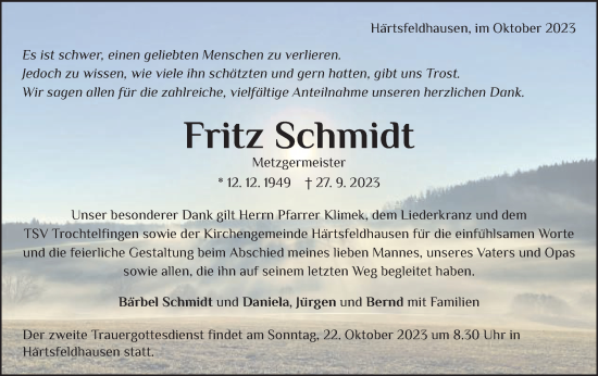 Traueranzeige von Fritz Schmidt von Schwäbische Post