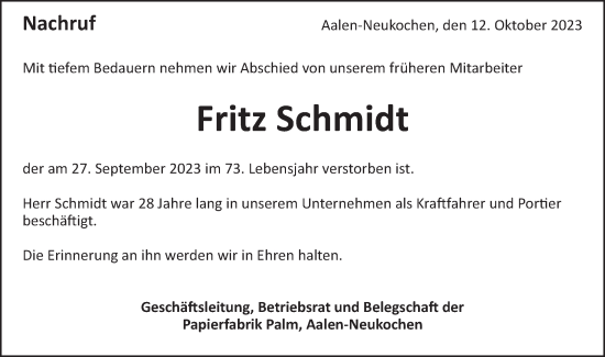 Traueranzeige von Fritz Schmidt von Schwäbische Post