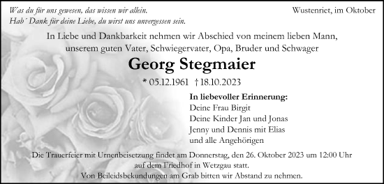 Traueranzeige von Georg Stegmaier von Gmünder Tagespost