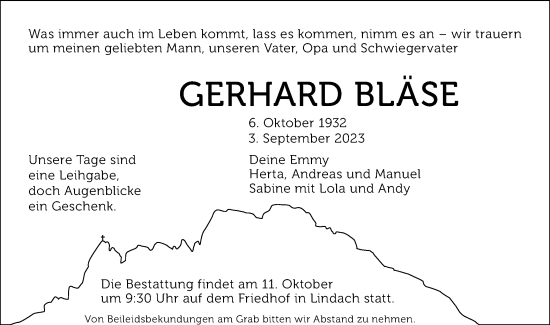 Traueranzeige von Gerhard Bläse von Gmünder Tagespost