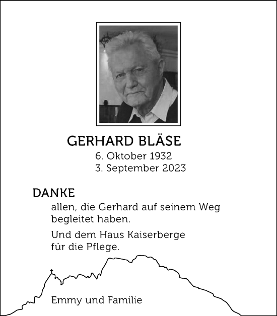Traueranzeige von Gerhard Bläse von Gmünder Tagespost