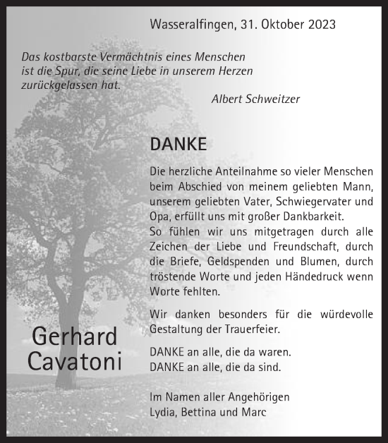 Traueranzeige von Gerhard Cavatoni von Gmünder Tagespost