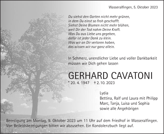 Traueranzeige von Gerhard Cavatoni von Schwäbische Post