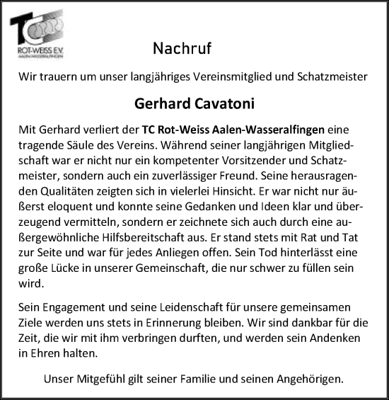 Traueranzeige von Gerhard Cavatoni von Schwäbische Post