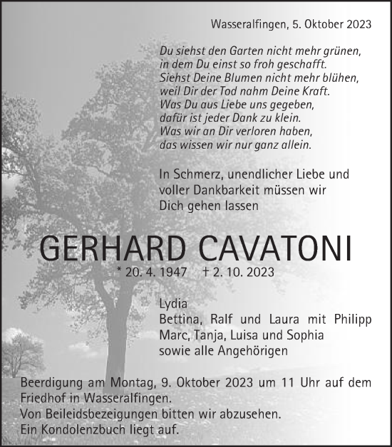 Traueranzeige von Gerhard Cavatoni von Gmünder Tagespost