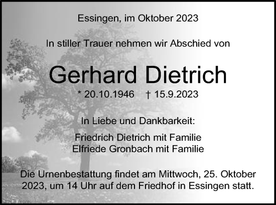 Traueranzeige von Gerhard Dietrich von Schwäbische Post