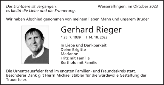 Traueranzeige von Gerhard Rieger von Schwäbische Post