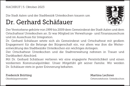 Traueranzeige von Gerhard Schäfauer von Schwäbische Post