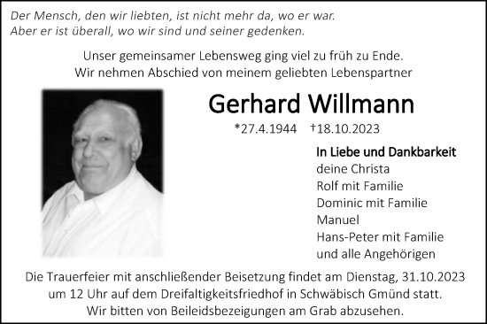 Traueranzeige von Gerhard Willmann von Gmünder Tagespost