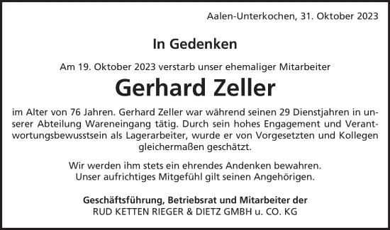 Traueranzeige von Gerhard Zeller von Schwäbische Post