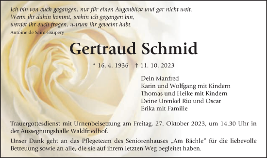 Traueranzeige von Gertraud Schmid von Schwäbische Post
