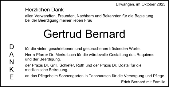 Traueranzeige von Gertrud Bernard von Schwäbische Post