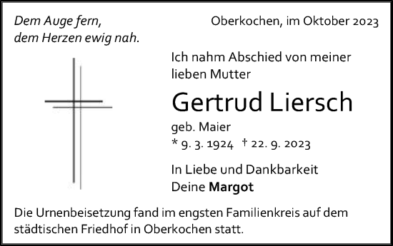 Traueranzeige von Gertrud Liersch von Schwäbische Post