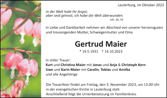 Traueranzeige von Gertrud Maier von Schwäbische Post