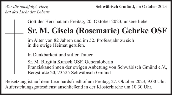 Traueranzeige von Gisela Gehrke von Gmünder Tagespost