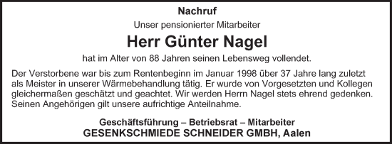 Traueranzeige von Günter Nagel von Schwäbische Post