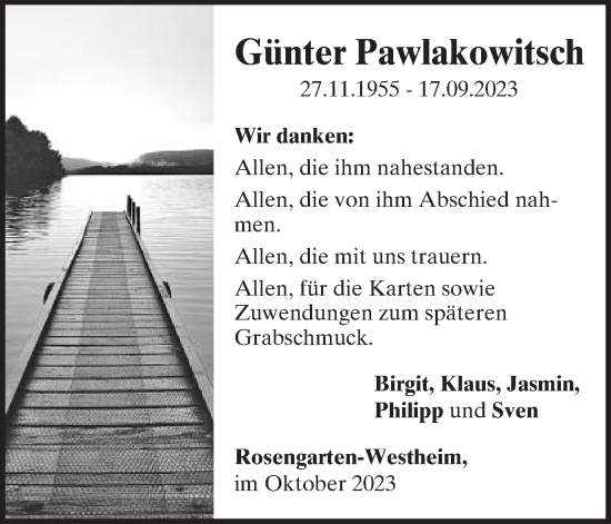 Traueranzeige von Günter Pawlakowitsch von Gmünder Tagespost