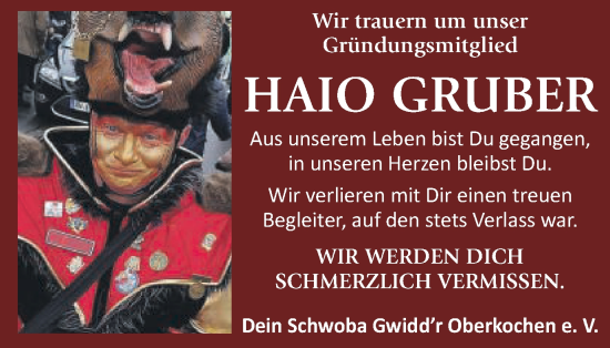 Traueranzeige von Haio Gruber von Schwäbische Post