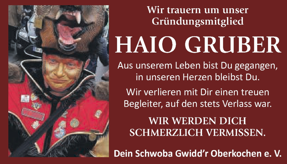  Traueranzeige für Haio Gruber vom 07.10.2023 aus Schwäbische Post