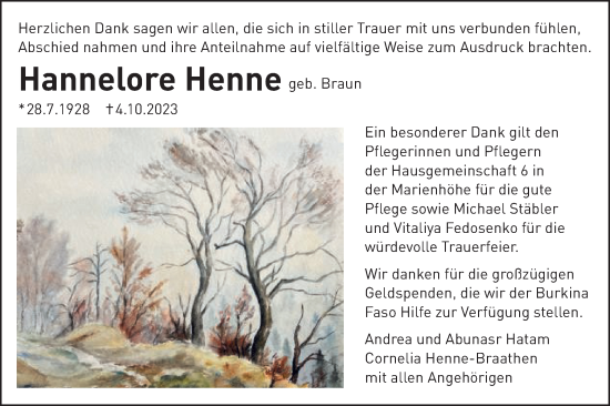 Traueranzeige von Hannelore Henne von Schwäbische Post