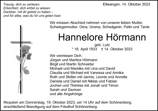 Traueranzeige von Hannelore Hörmann von Schwäbische Post