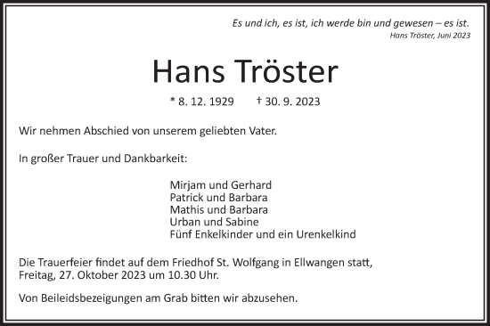 Traueranzeige von Hans Tröster von Schwäbische Post