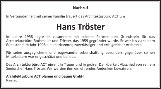 Traueranzeige von Hans Tröster von Schwäbische Post