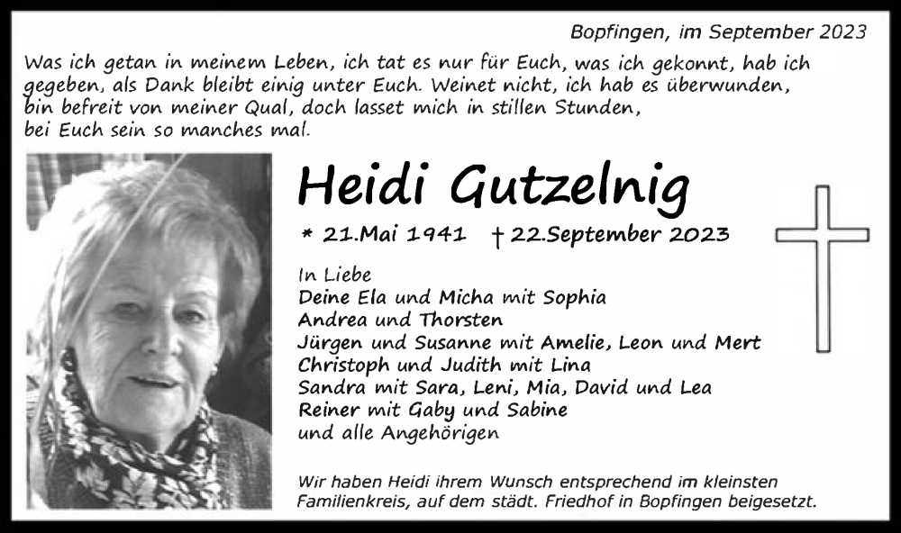  Traueranzeige für Heidi Gutzelnig vom 02.10.2023 aus Schwäbische Post