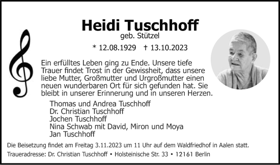 Traueranzeige von Heidi Tuschhoff von Schwäbische Post