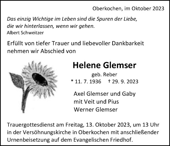 Traueranzeige von Helene Glemser von Schwäbische Post