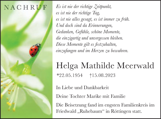 Traueranzeige von Helga Mathilde Meerwald von Schwäbische Post