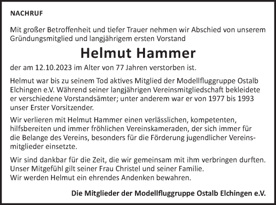 Traueranzeige von Helmut Hammer von Schwäbische Post