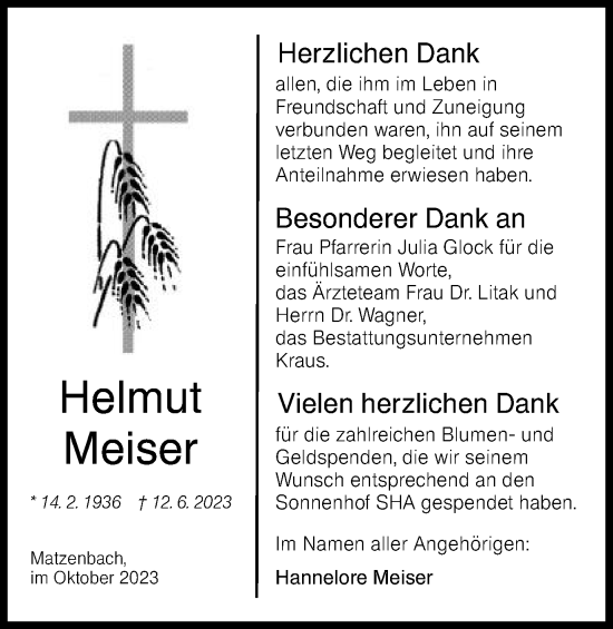 Traueranzeige von Helmut Meiser von Schwäbische Post