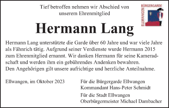 Traueranzeige von Hermann Lang von Schwäbische Post