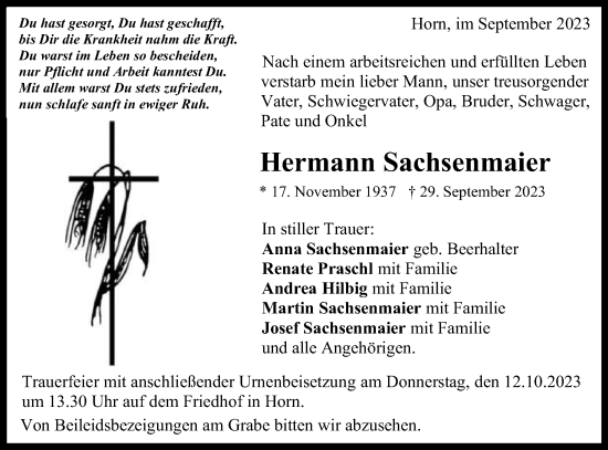 Traueranzeige von Hermann Sachsenmaier von Gmünder Tagespost