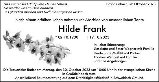 Traueranzeige von Hilde Frank von Gmünder Tagespost