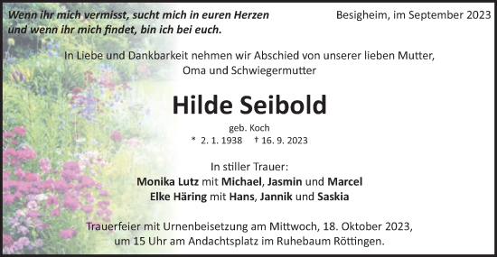 Traueranzeige von Hilde Seibold von Schwäbische Post