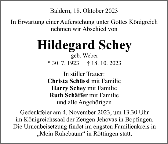 Traueranzeige von Hildegard Schey von Schwäbische Post