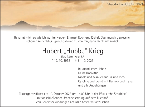 Traueranzeige von Hubert Krieg von Gmünder Tagespost