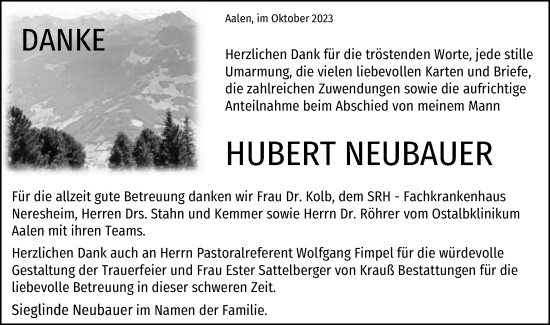 Traueranzeige von Hubert Neubauer von Schwäbische Post