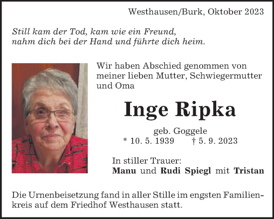 Traueranzeige von Inge Ripka von Schwäbische Post