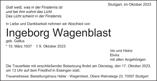 Traueranzeige von Ingeborg Wagenblast von Schwäbische Post