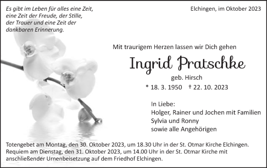 Traueranzeige von Ingrid Pratschke von Schwäbische Post