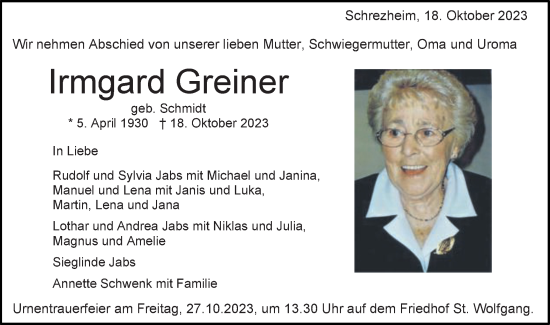 Traueranzeige von Irmgard Greiner von Schwäbische Post