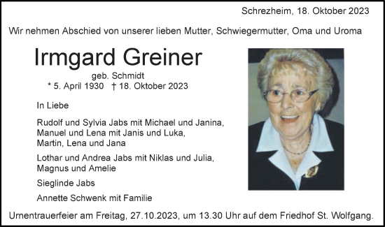 Traueranzeige von Irmgard Greiner