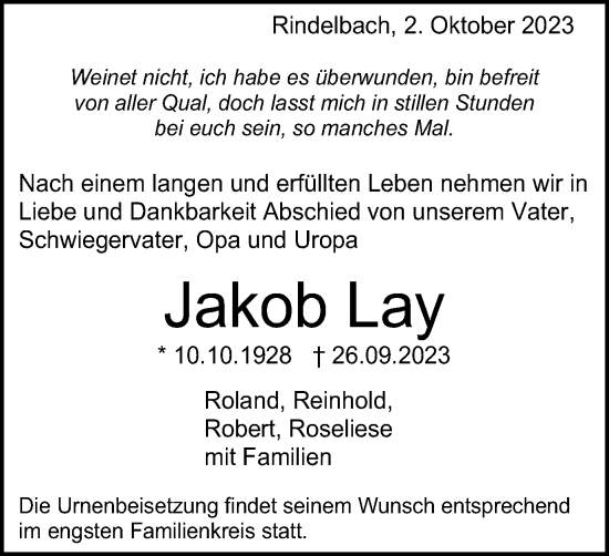 Traueranzeige von Jakob Lay von Schwäbische Post