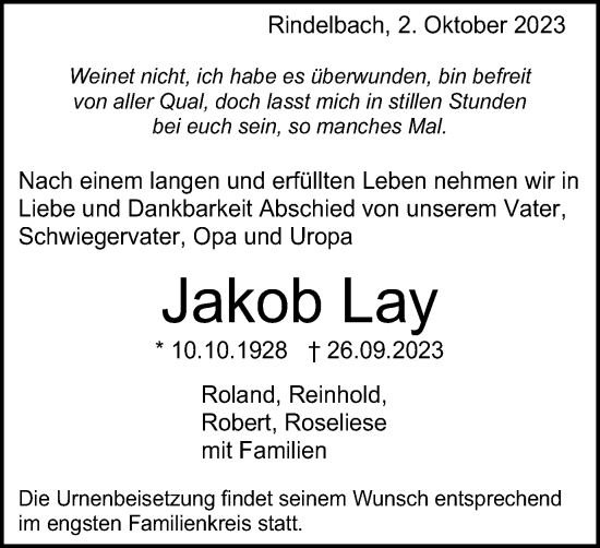 Traueranzeige von Jakob Lay